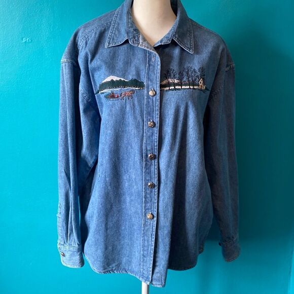 Bushwacker Denim Embroidered Shirt Winter Scene Size Medium - Picture 2 of 14